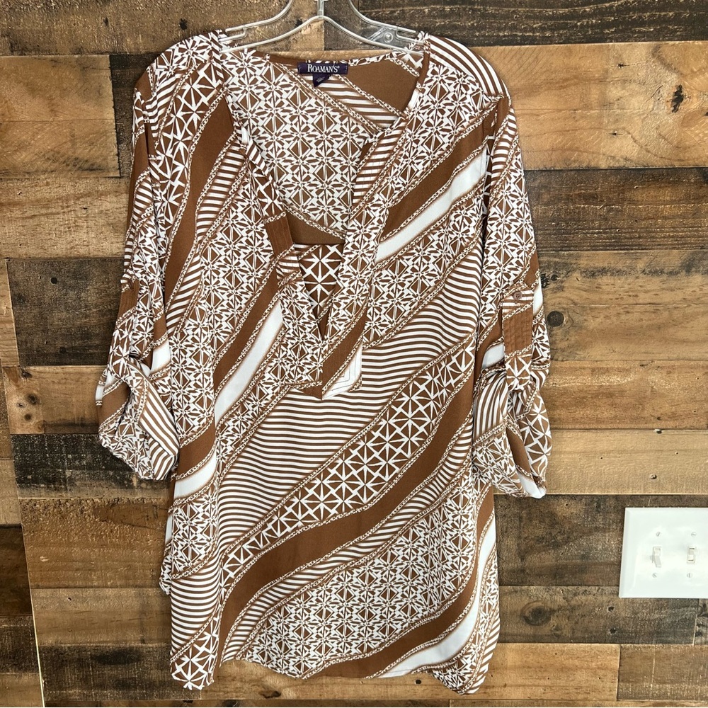 Roaman’s Peasant Tunic Blouse Woman Plus 22W Cottage Brown V Neck